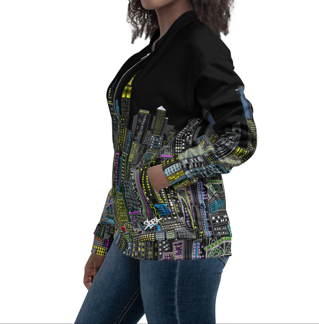 Female modeling  front of Black bomber jacket with colorful cityscape design designed by Loria NYC Art 