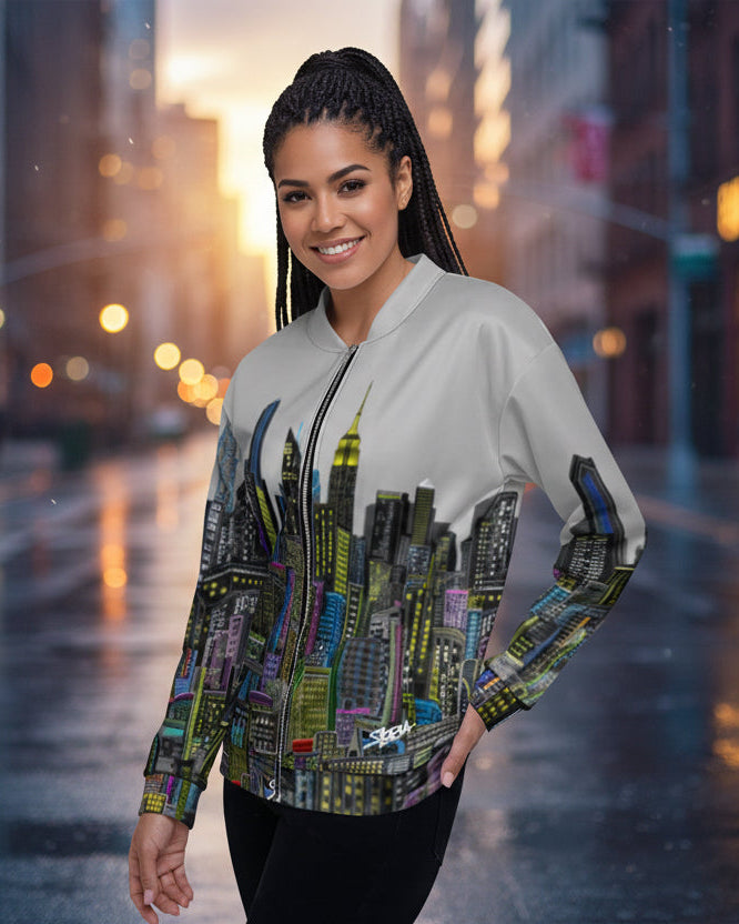 Grey jacket with girl posing with a jacket with a cityscape designed by Loria NYC Art  on a urban background