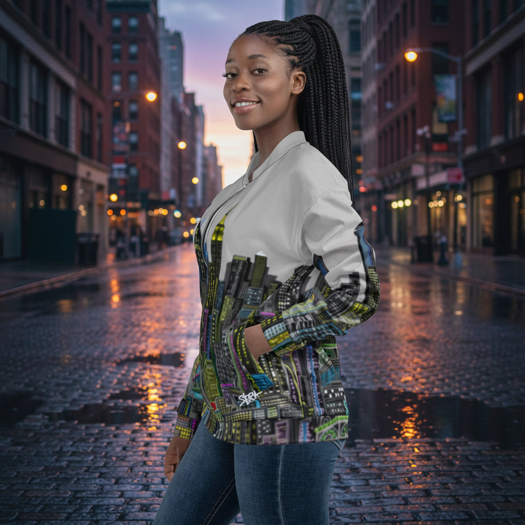 Women posing with grey jacket designed by Loria NYC Art on a urban background