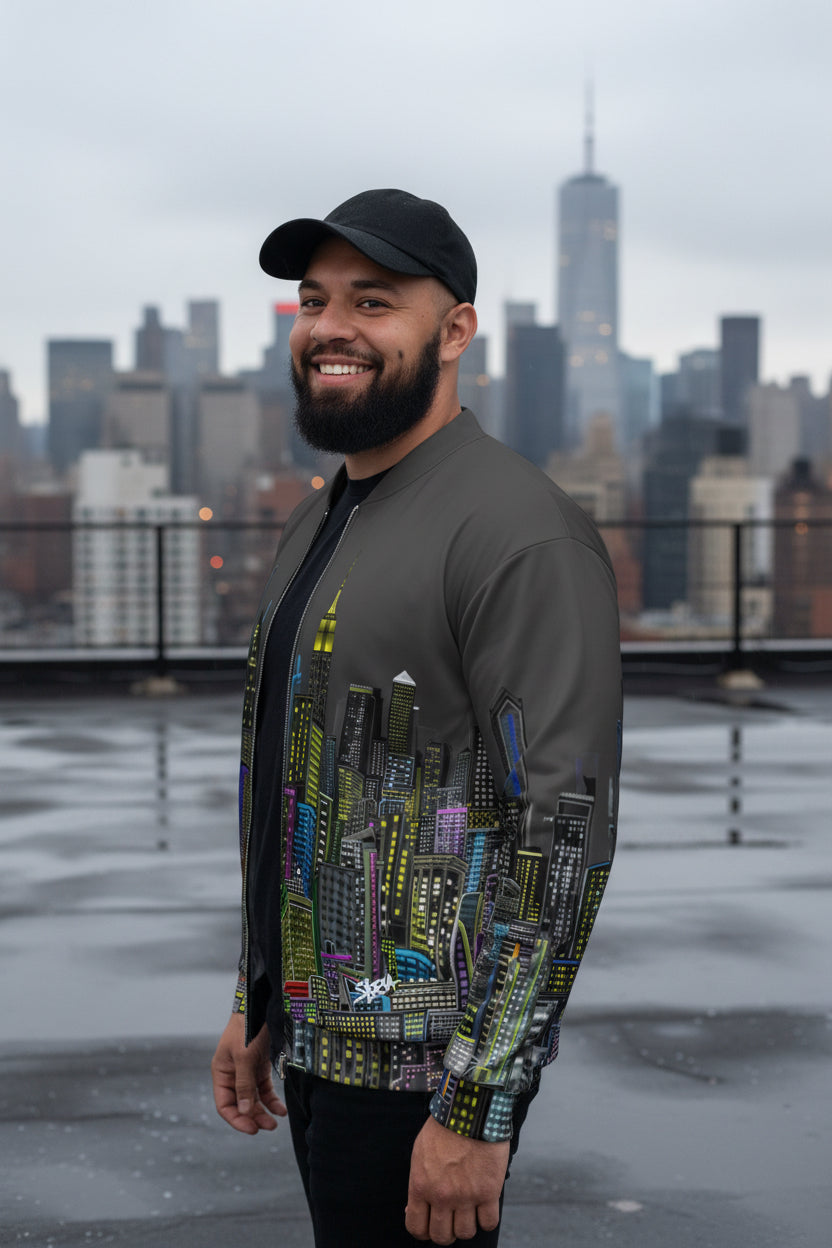 Man wearing a colorful grey cityscape jacket by Loria NYC Art on a urban background