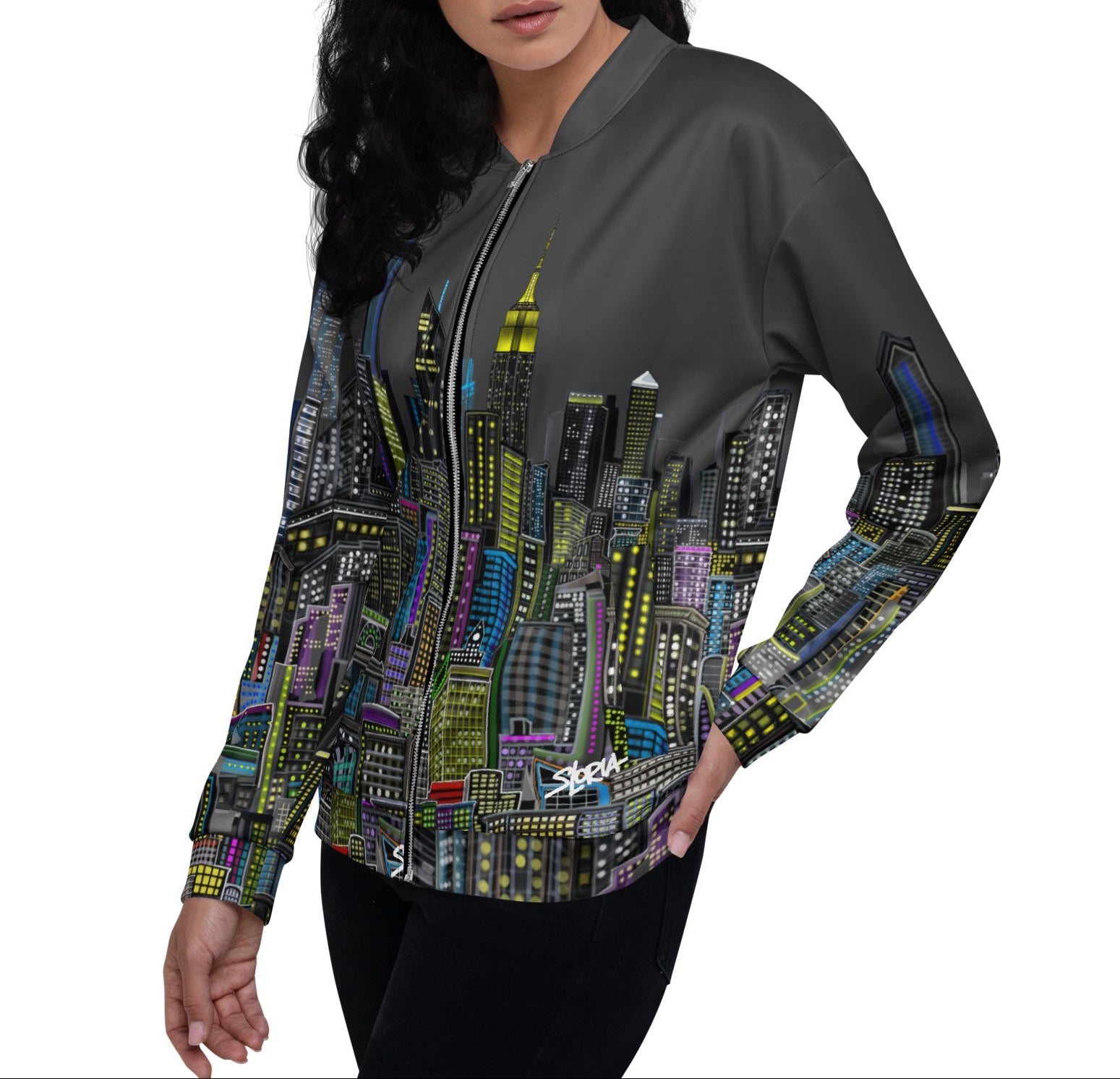 Lady Woman wearing a grey colorful jacket by Loria NYC Art on a white background