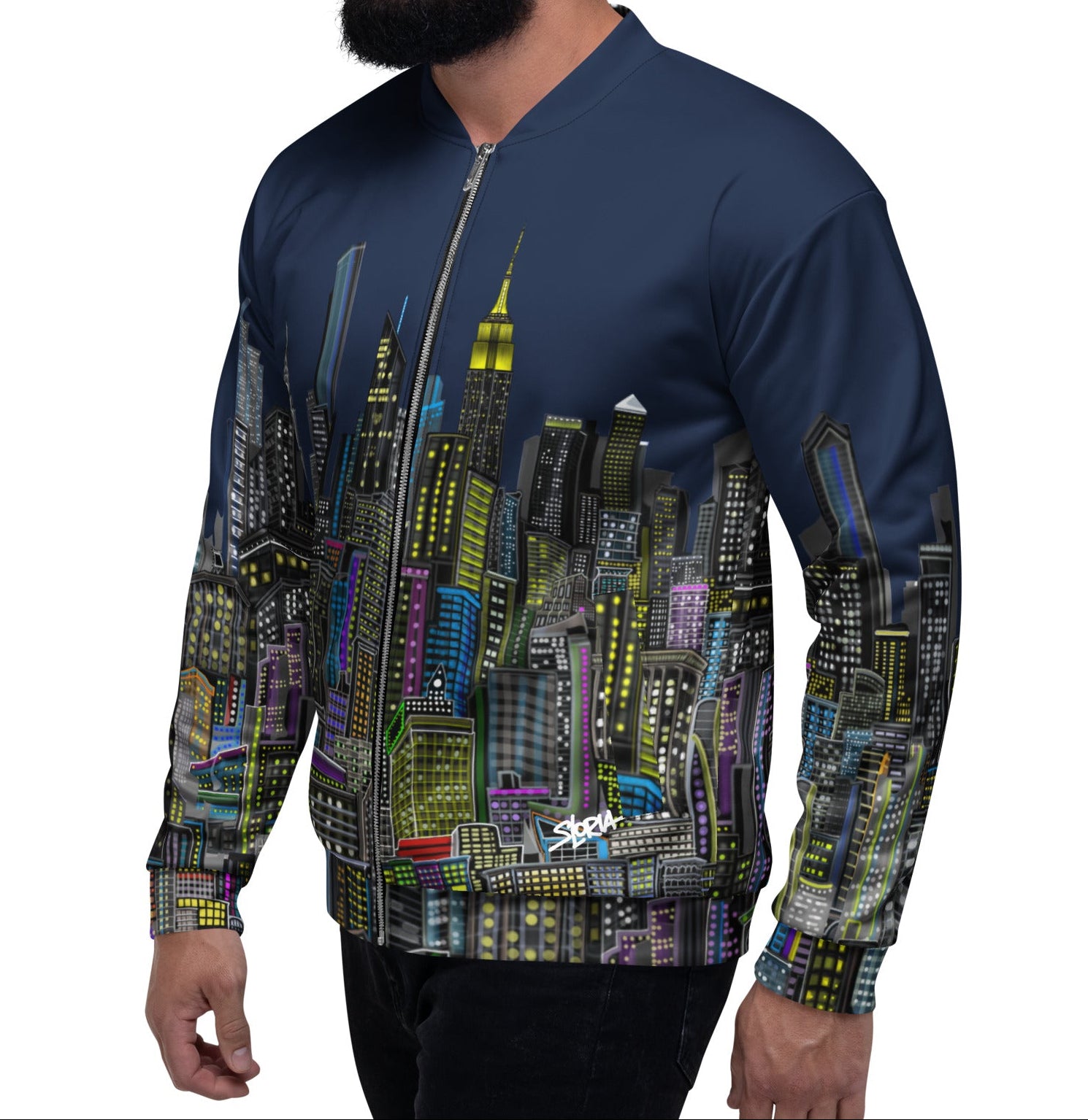 Man wearing a bomber jacket with a cityscape Loria NYC Art design on urban  background