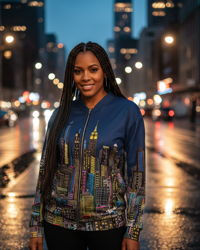 Woman wearing a Loria NYC Art jacket standing on a city street at night with blurred lights in the background