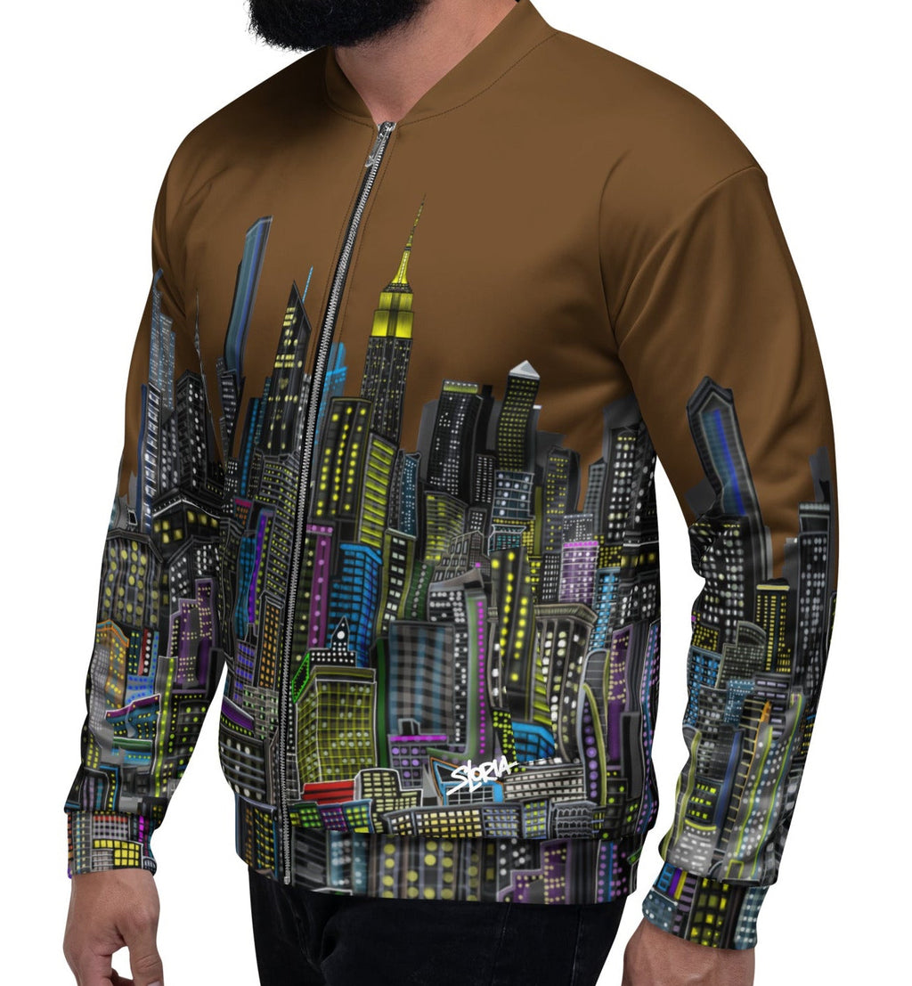 Guy posing in jacket with colorful cityscape Loria NYC Art design on a white background