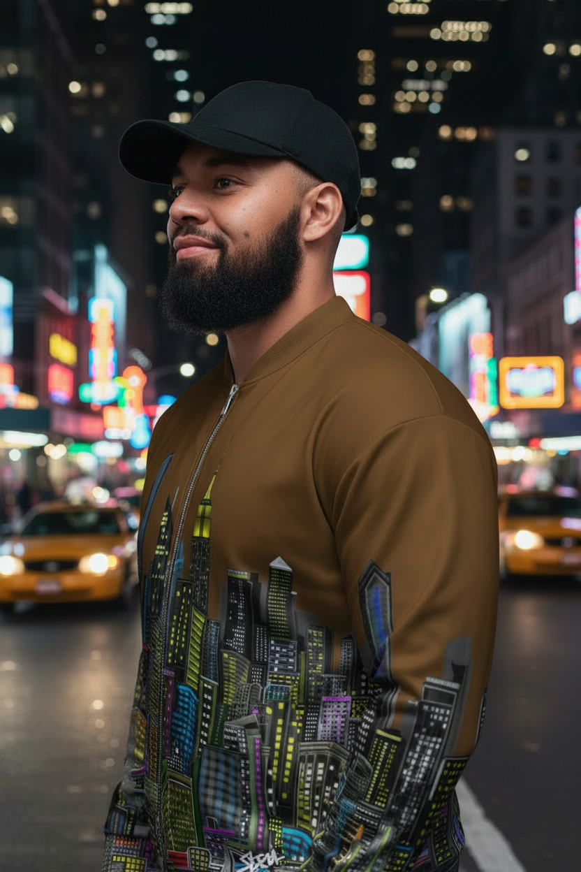 Man wearing a brown jacket with a cityscape Loria NYC Art design on a city street at night.