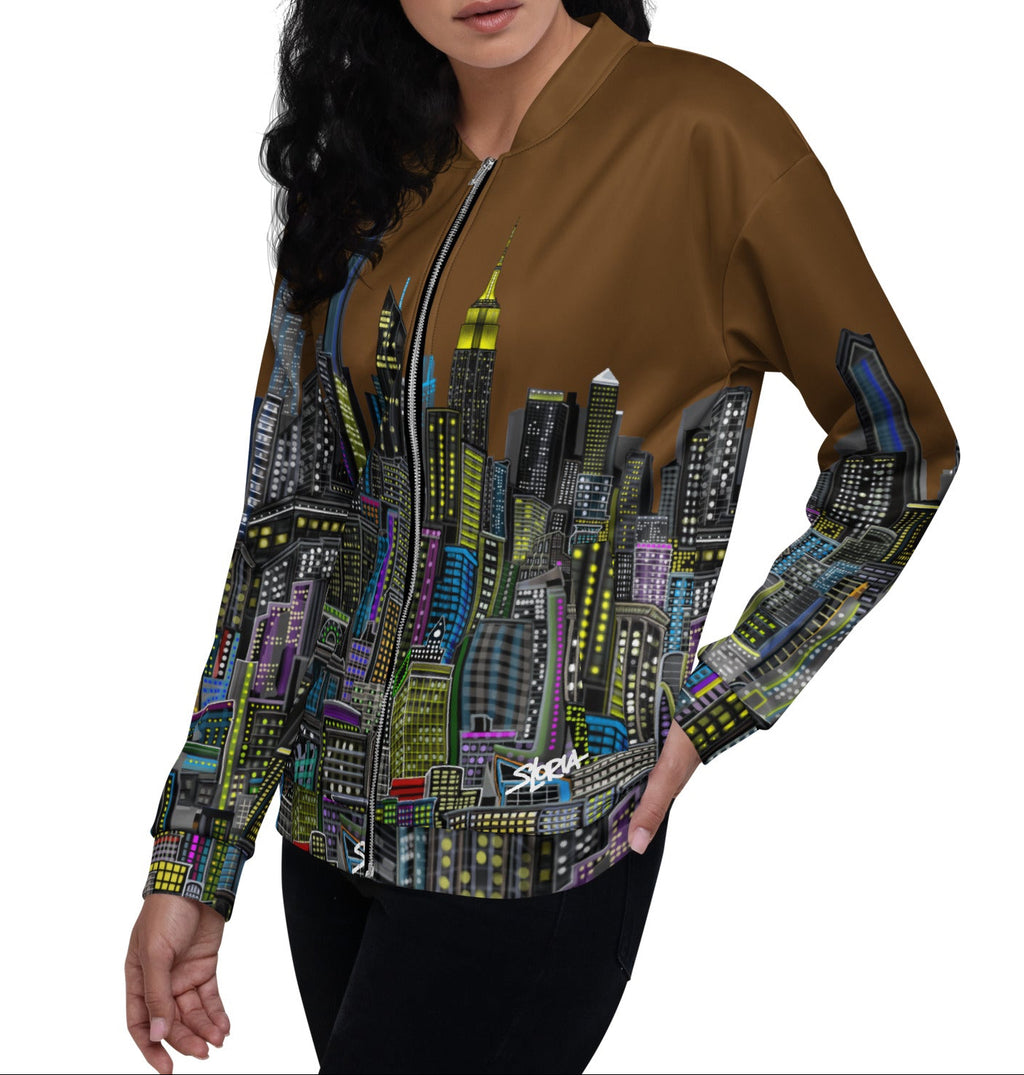 Posing Woman wearing a brown bomber jacket with cityscape design by Loria NYC Art on a white background