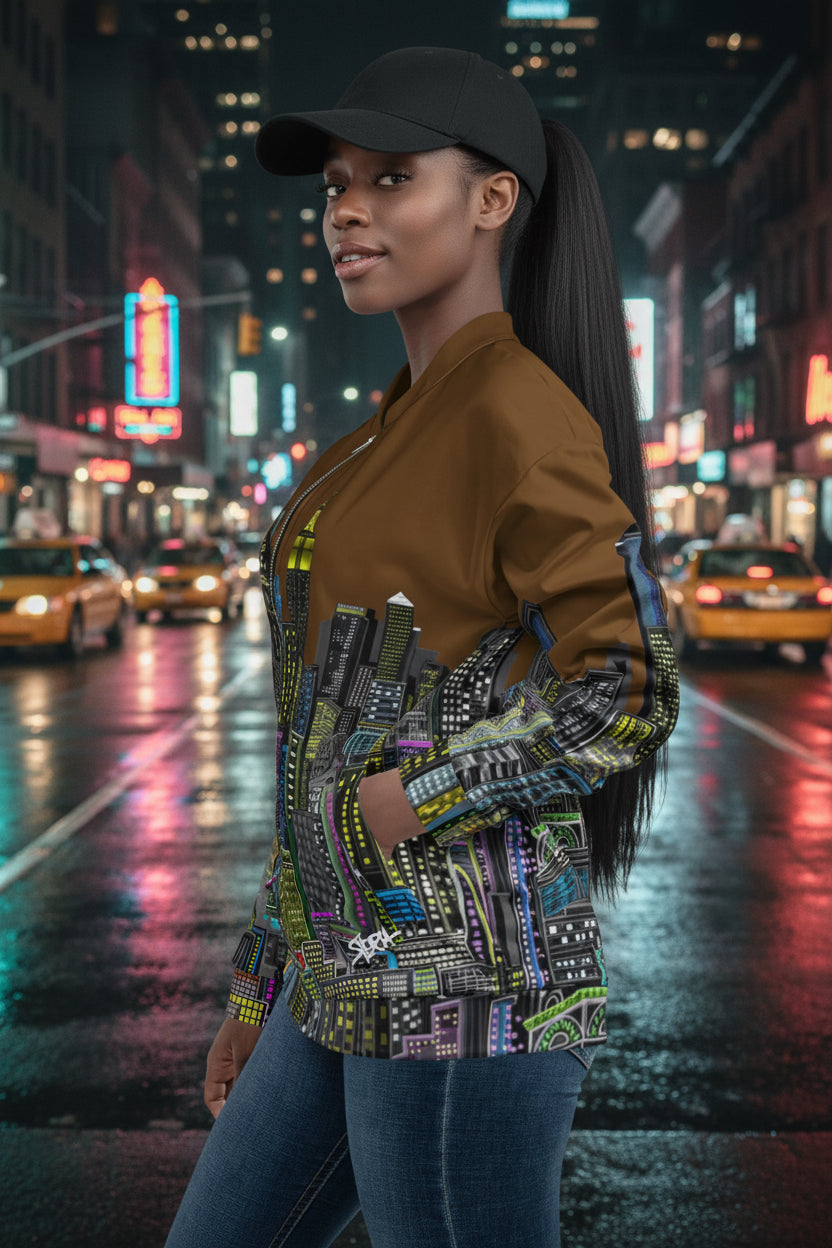 Posing lady in a brown bomber jacket with cityscape design by Loria NYC Art on a urban background