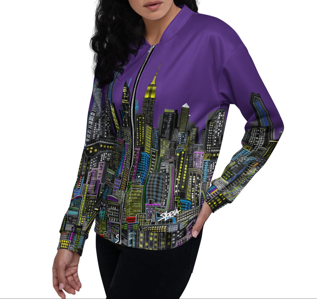Lady modeling a Purple jacket with a cityscape design by Loria NYC Art on a white background