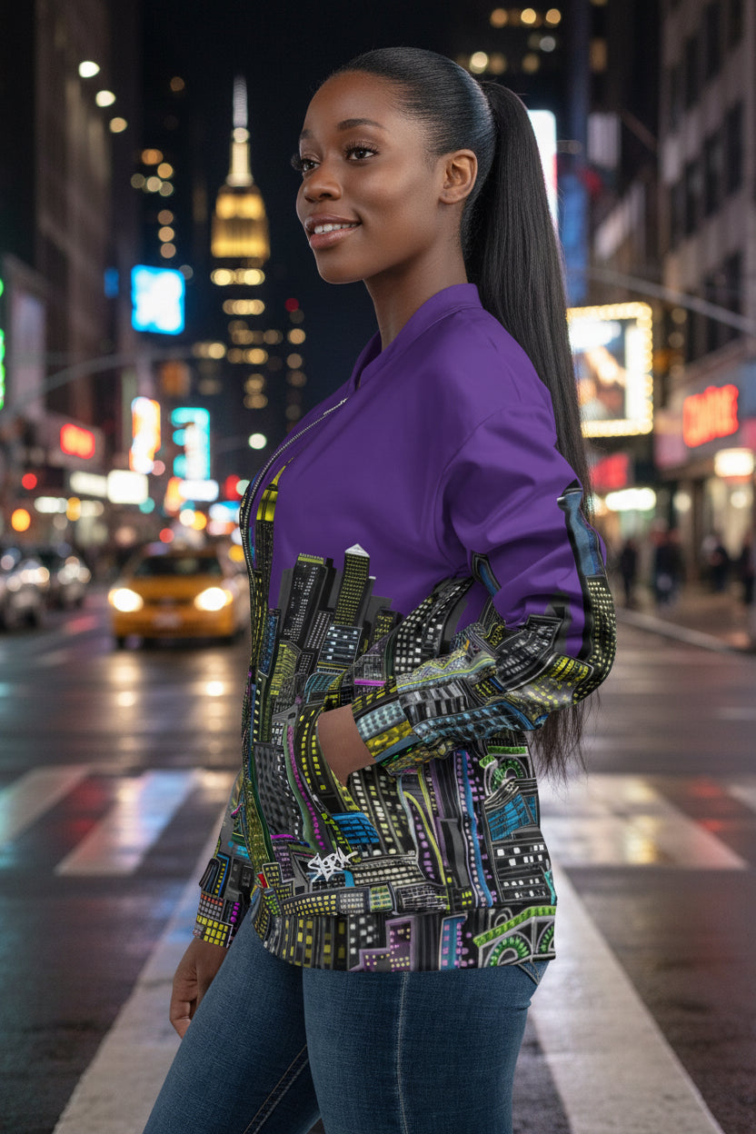 Side view of girl modeling a Purple jacket with a cityscape design by Loria NYC Art on a white background