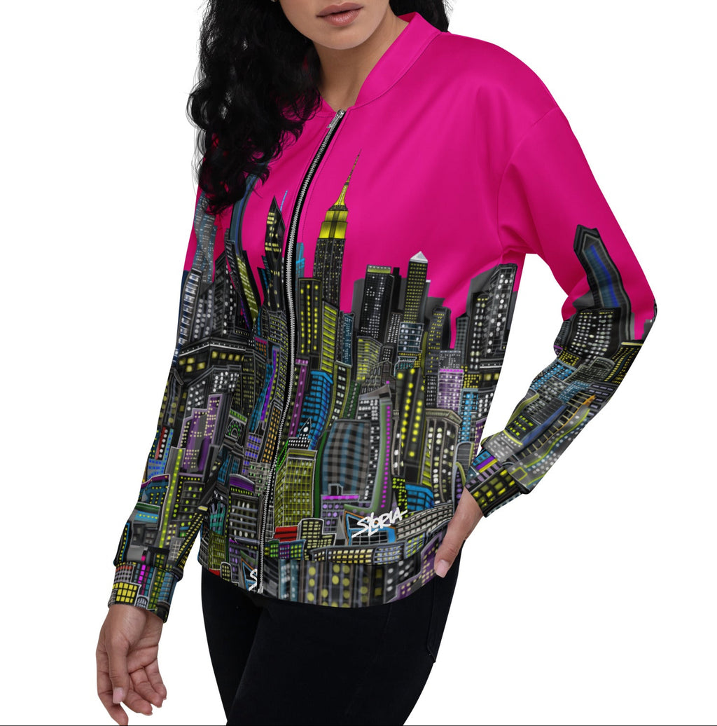 Modeling girl with side view of jacket with Fuchsia color design by Loria NYC Art on a white background