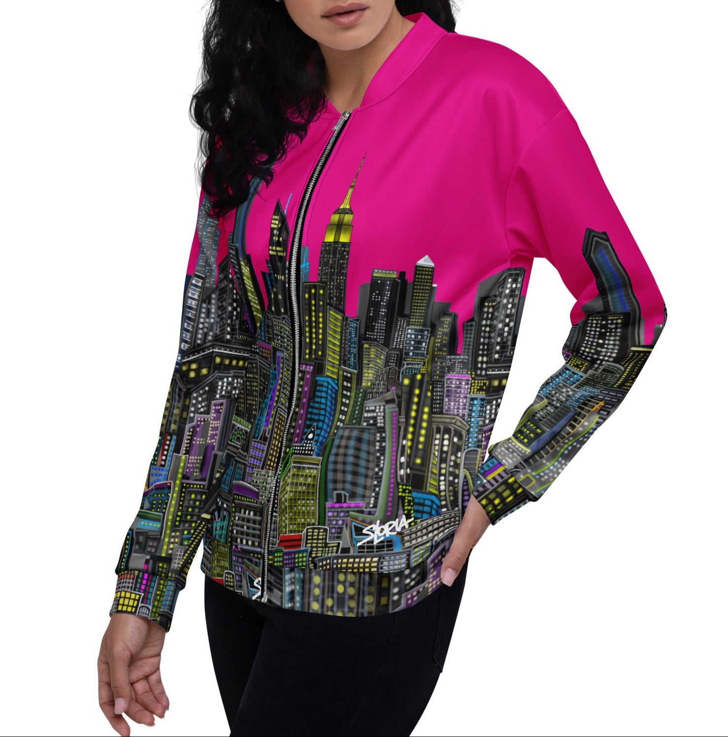 Modeling girl with side view of jacket with Fuchsia color design by Loria NYC Art on a white background