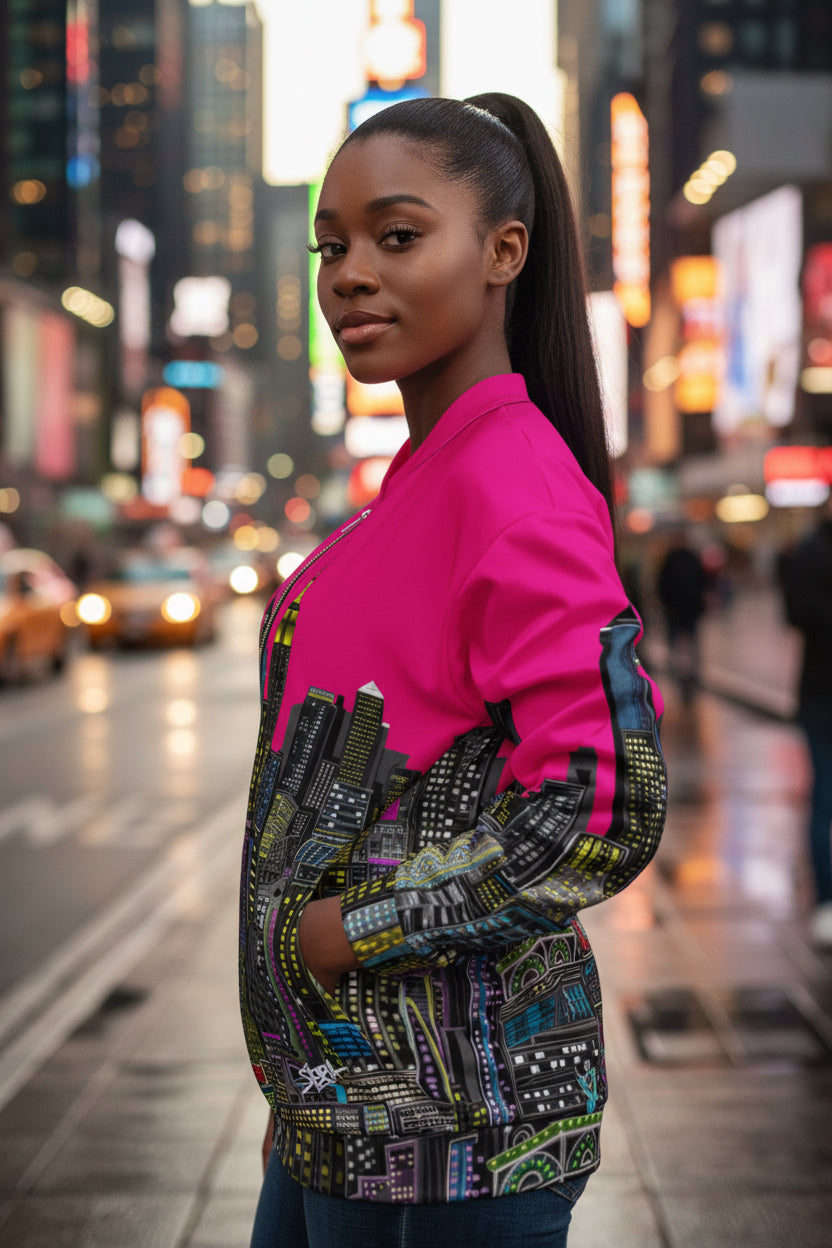 Modeling Lady wearing  jacket with Fuchsia color cityscape design by Loria NYC Art on a urban background