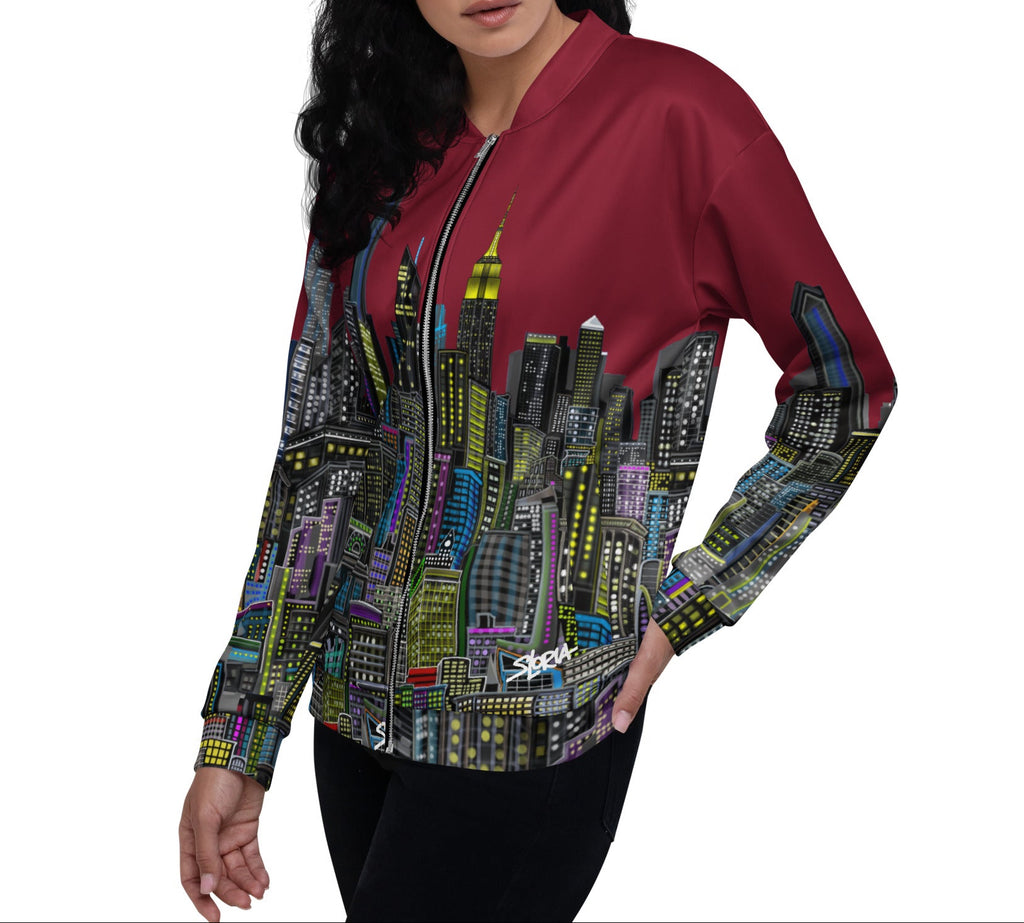 Posing in a maroon jacket with a colorful design by Loria NYC Art on a white background
