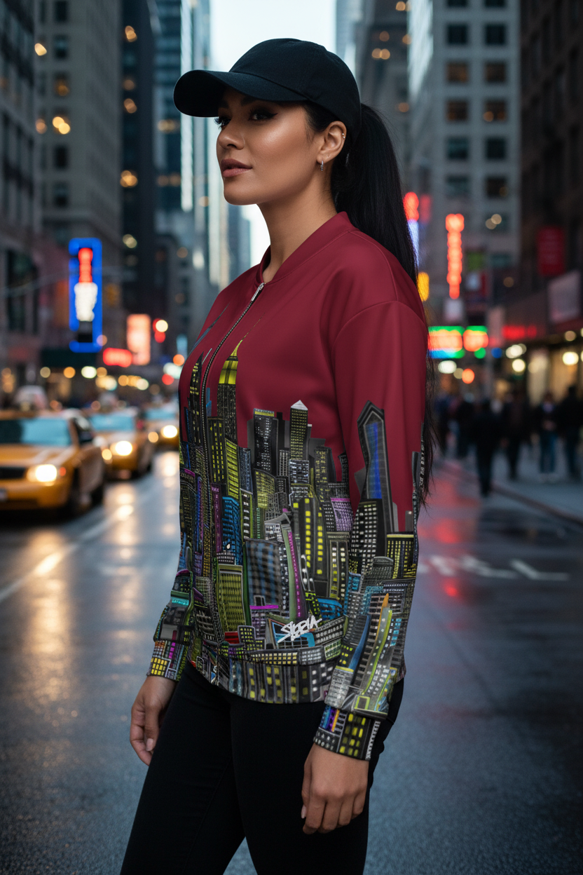 Woman in a city street wearing a colorful jacket with a Loria NYC Art cityscape design.