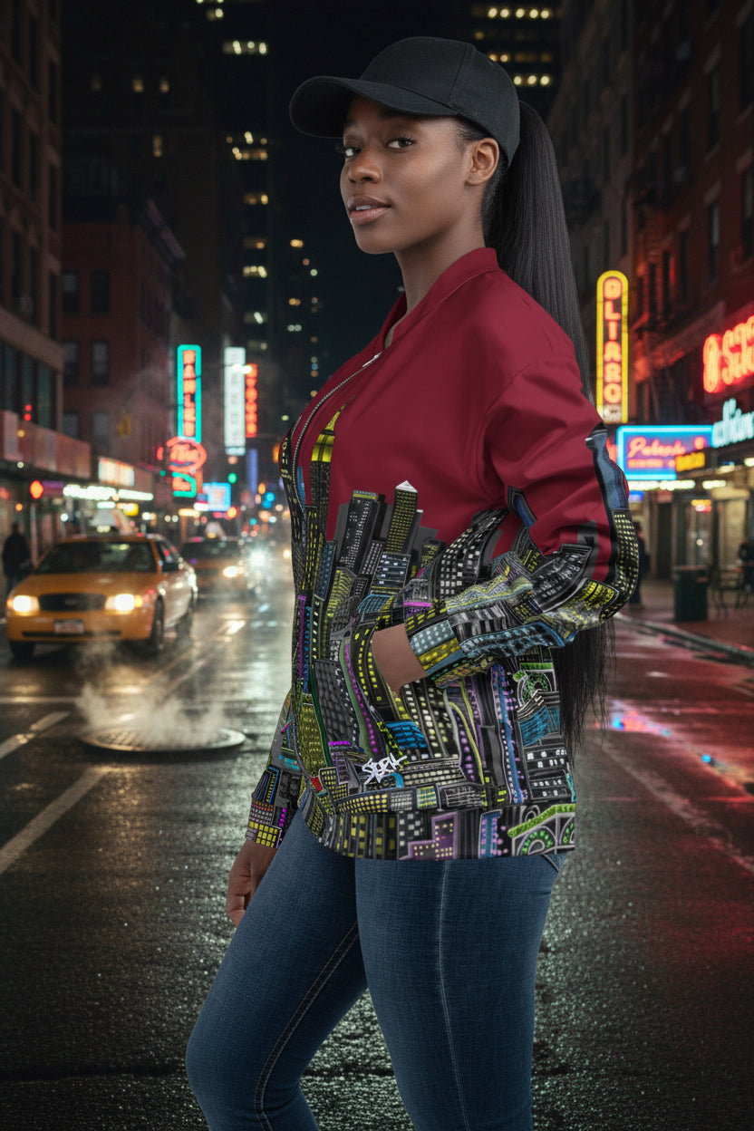 Posing women in a maroon jacket with a colorful cityscape design by Loria NYC Art on a urban background