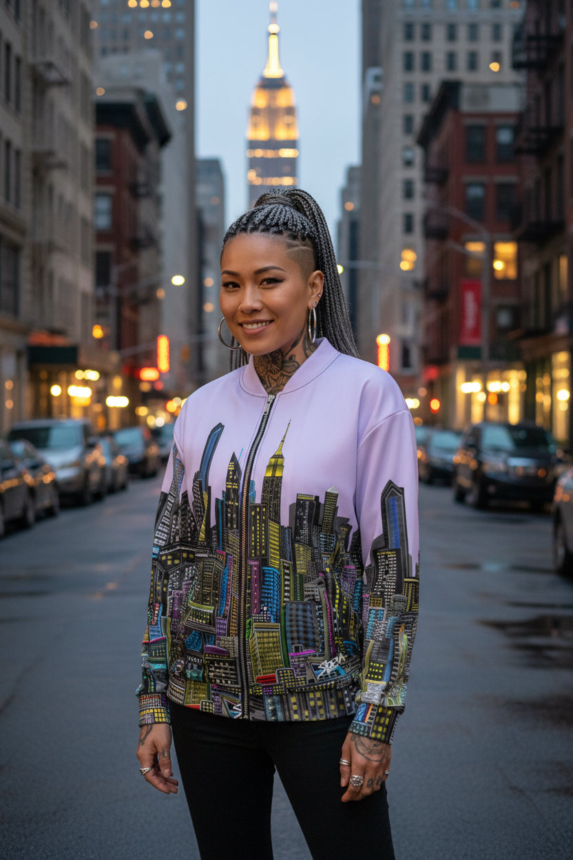 Side view of Lady modeling  a lavender jacket by Loria NYC Art with cityscape design on a white background