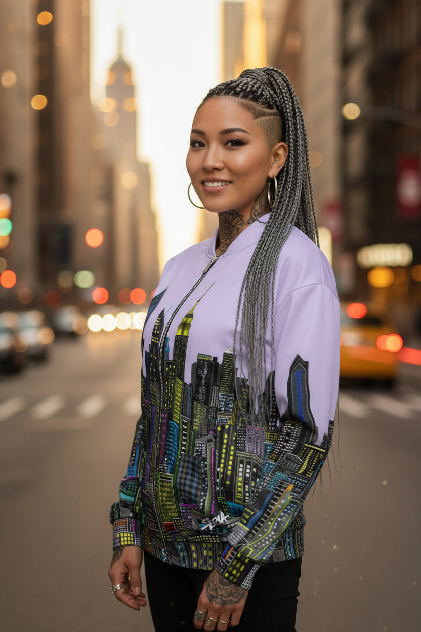 Woman wearing a colorful cityscape jacket by Loria NYC Art  on a city street at night.