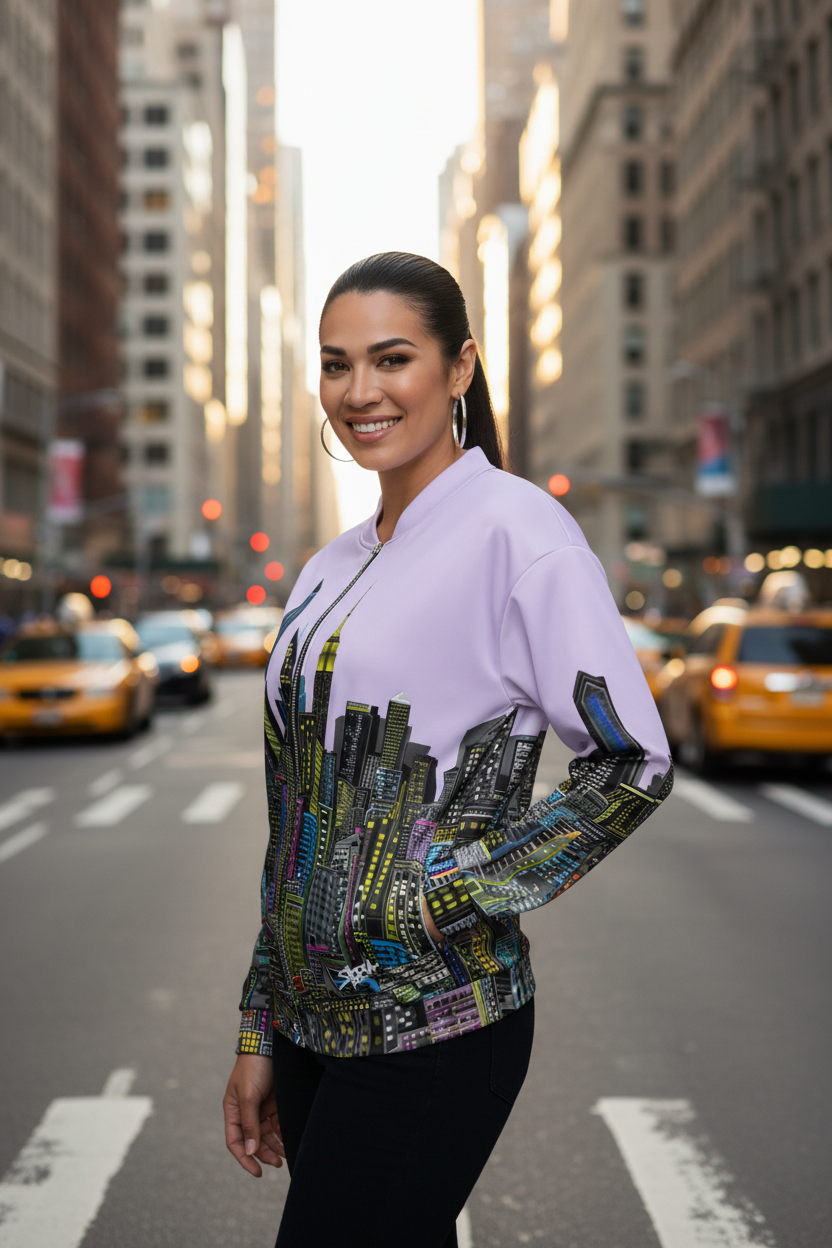 Woman in a colorful Loria NYC Art jacket standing on a city street with taxis and tall buildings.