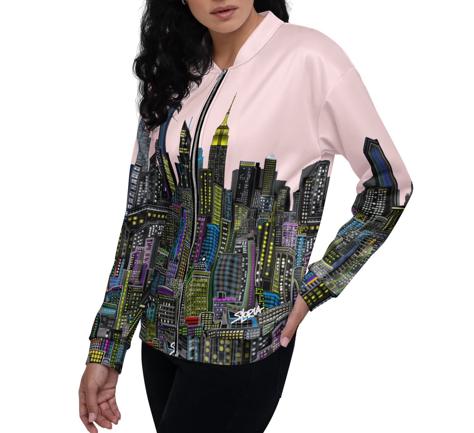Girl posing in a pink jacket with city design by Loria NYC Art