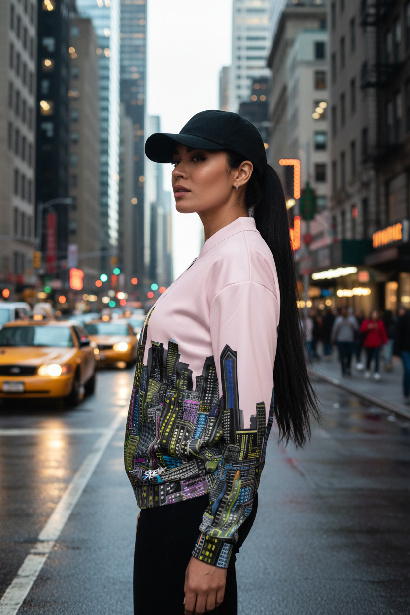 Woman in a city street wearing a pink jacket with a colorful Loria NYC Art design, black cap, and black pants.