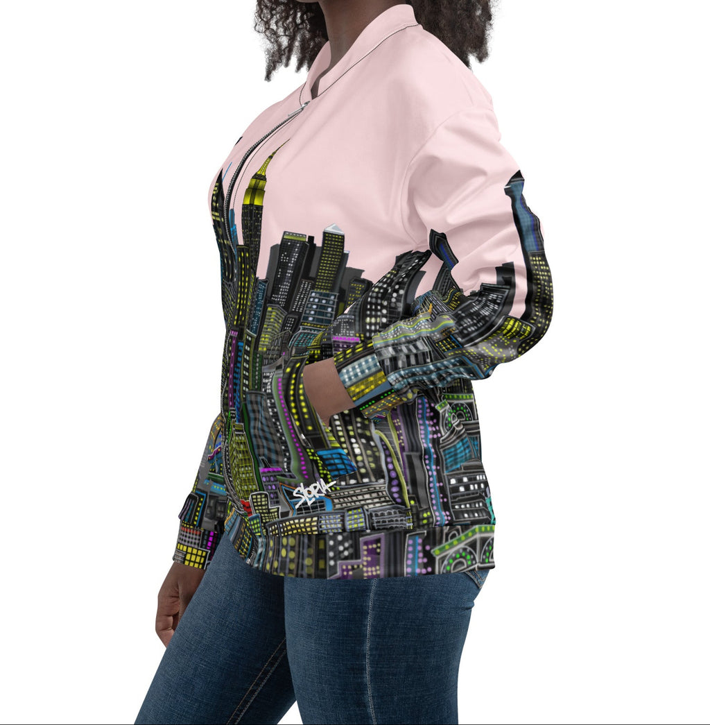 Woman wearing a colorful jacket with a design by Loria NYC Art white background