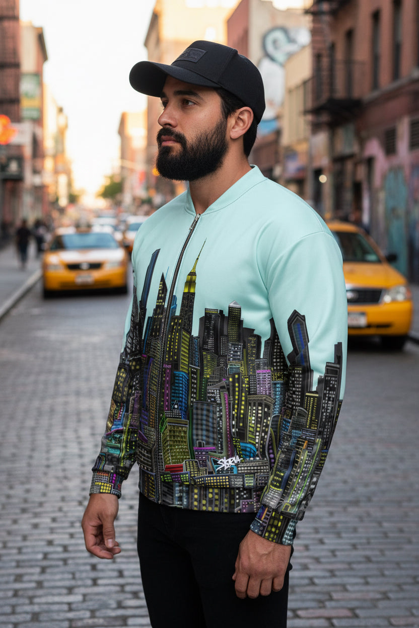 Side view of a Man wearing a light blue jacket with a cityscape designed by Loria NYC Art on a urban background
