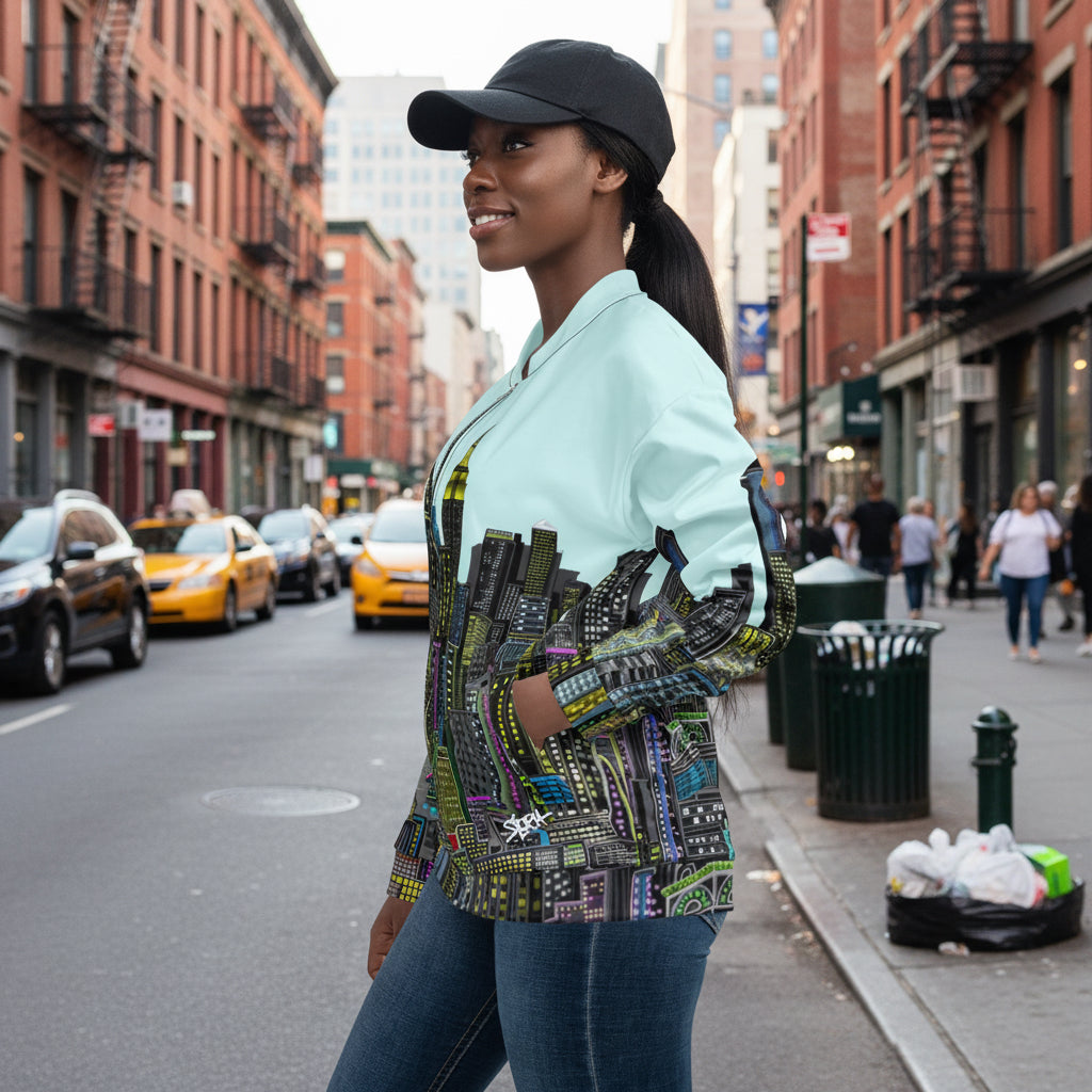Woman posing in a colorful patterned jacket designed by Loria NYC Art on a white background