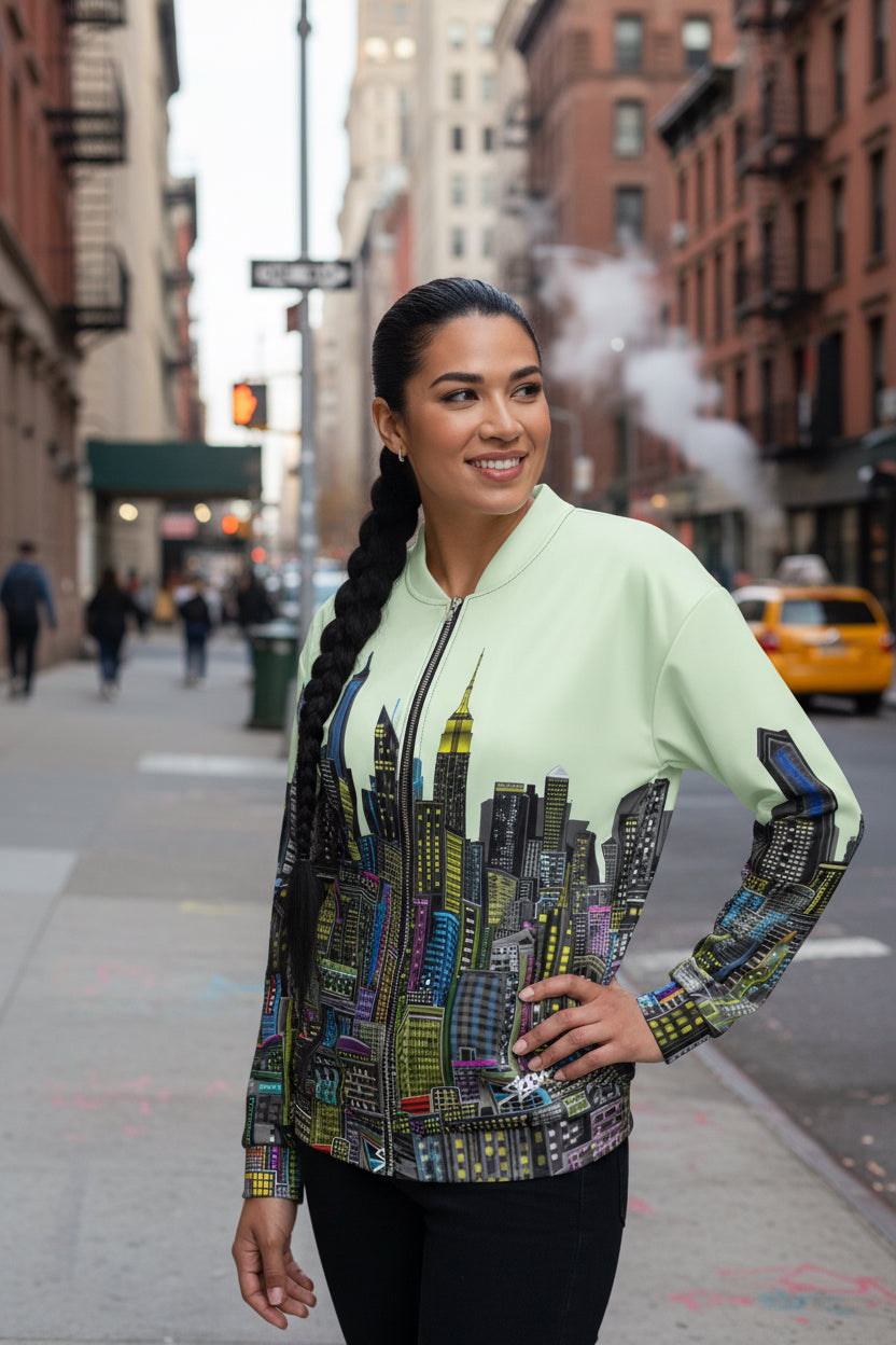Woman wearing a light green bomber with a cityscape Loria NYC Art design on a white background