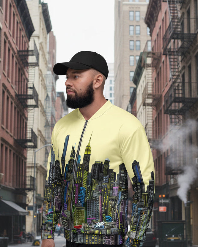 Side angle of man posing in a  jacket with a  city skyline design by Loria NYC Art in an urban setting