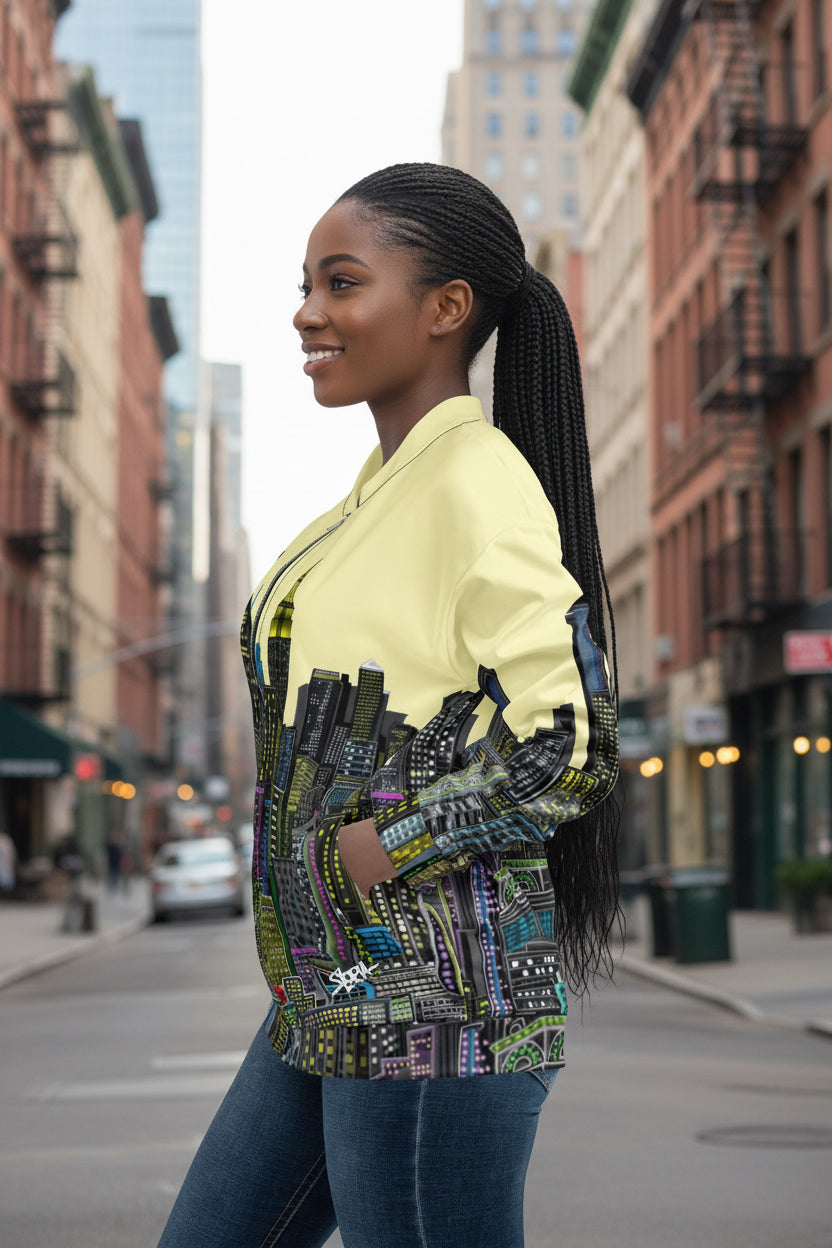 Front of girl wearing a yellow jacket with a city skyline design by Loria NYC Art