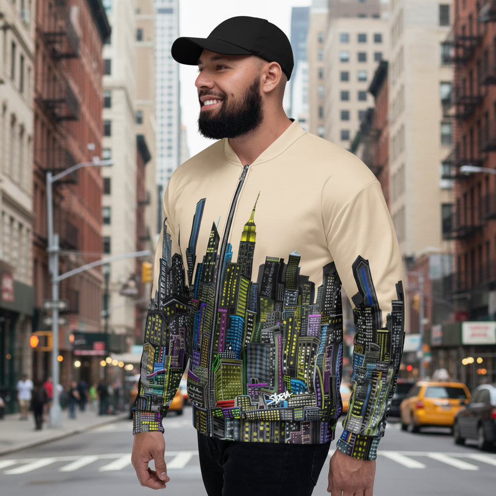 Man wearing a beige jacket with a colorful cityscape Loria NYC Art design on a white background