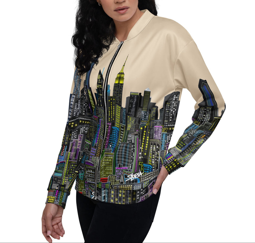 Posing Woman wearing a long-sleeve shirt with a cityscape Loria NYC Art pattern on a white background
