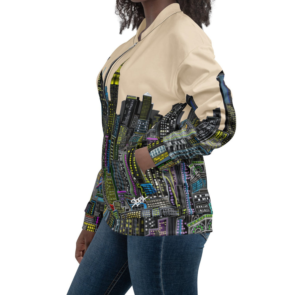 Woman Posing in a a colorful Loria NYC Art patterned jacket on a white background