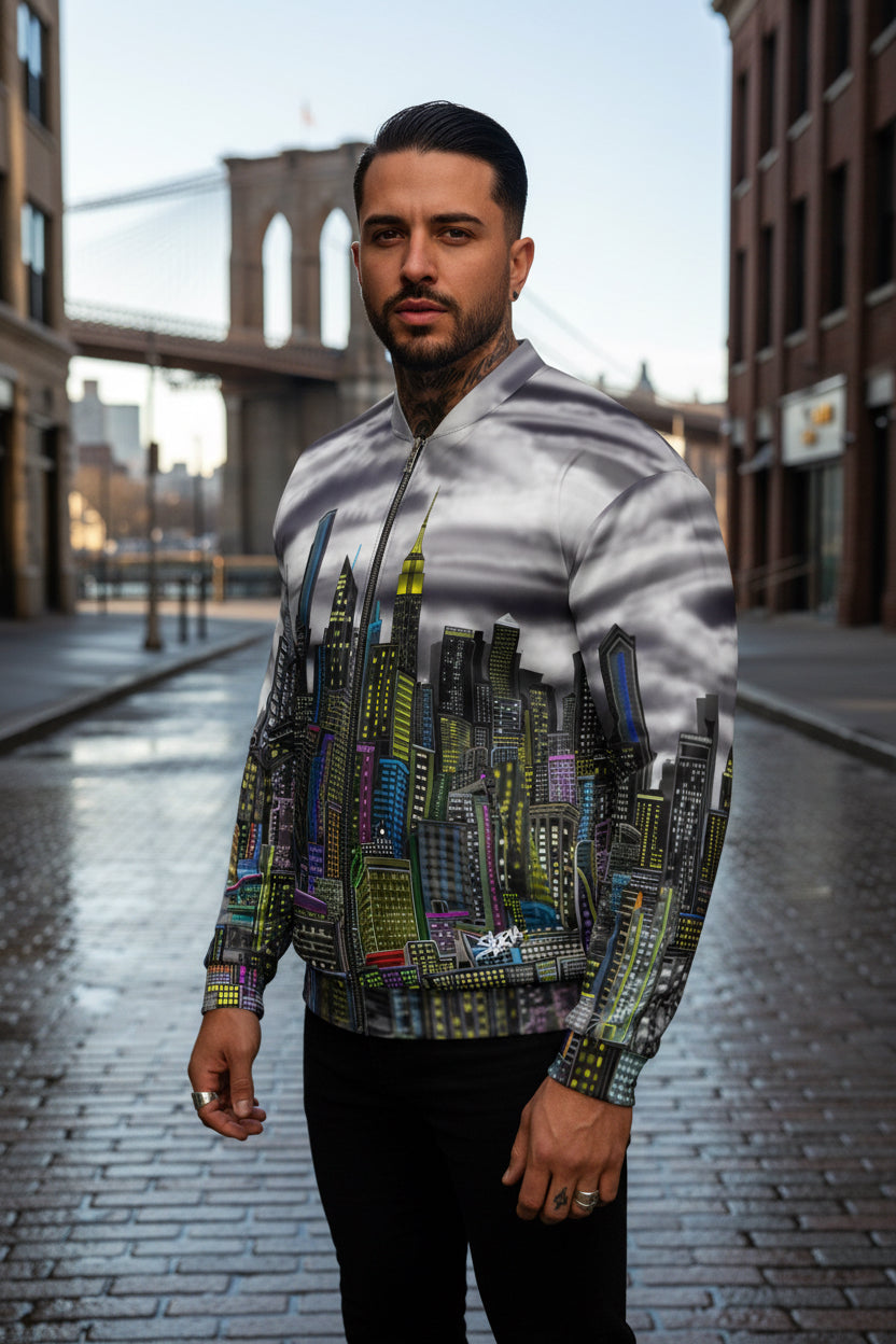Man wearing a jacket with a cityscape Loria NYC Art design on a urban background