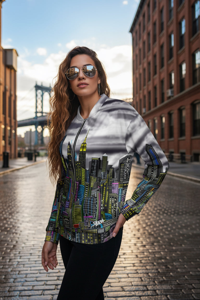 Lady poses in Loria NYC Art jacket with storm clouds and city skyline 