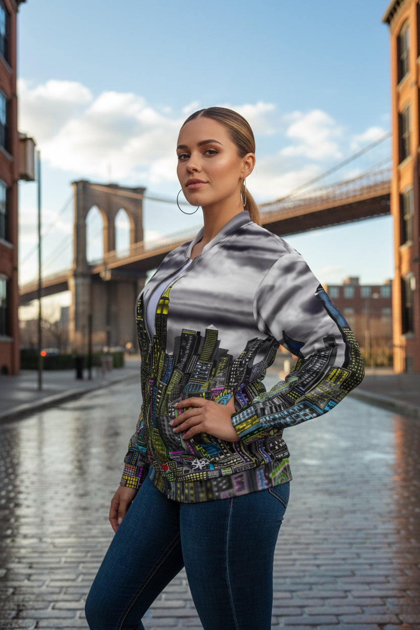 Lady proudly shows off colorful city scape  bomber jacket by Loria NYC Art