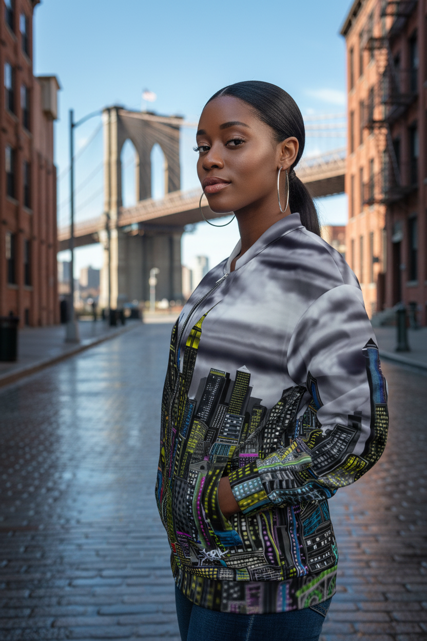 Women posing in a colorful Loria NYC Art jacket on a street with bridge in background 