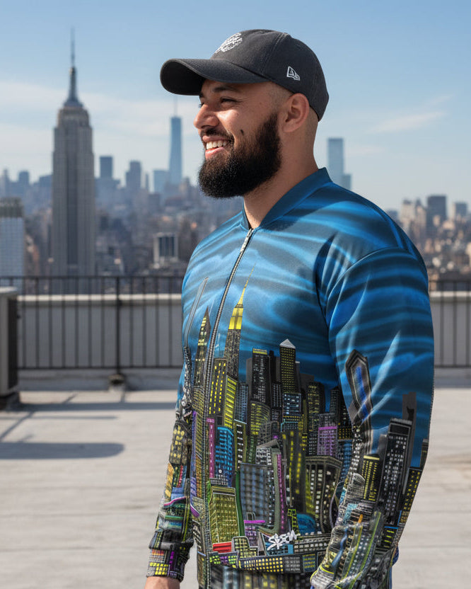 Front side of Man posing with a blue jacket with cityscape designed by Loria NYC Art on a skyline background