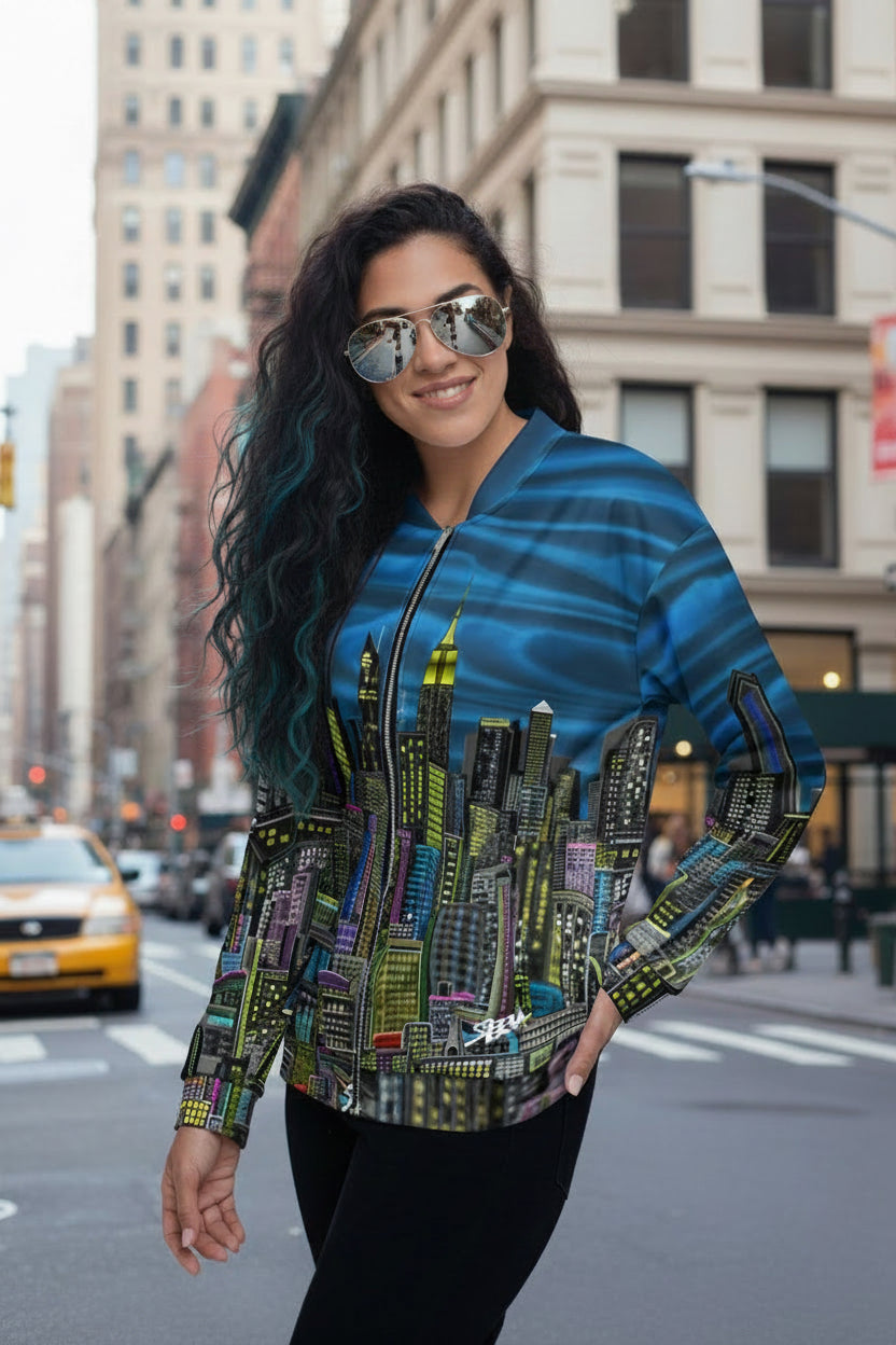 Front view of Woman wearing a blue cityscape jacket designed by Loria NYC Art on a urban background