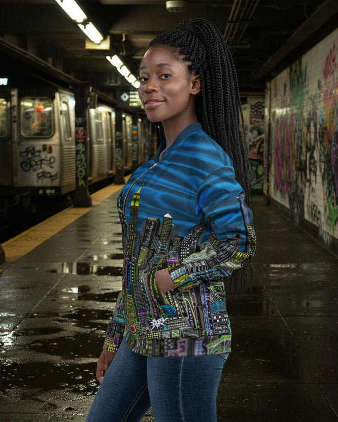 Woman wearing a colorful patterned jacket designed by Loria NYC Art on a urban background