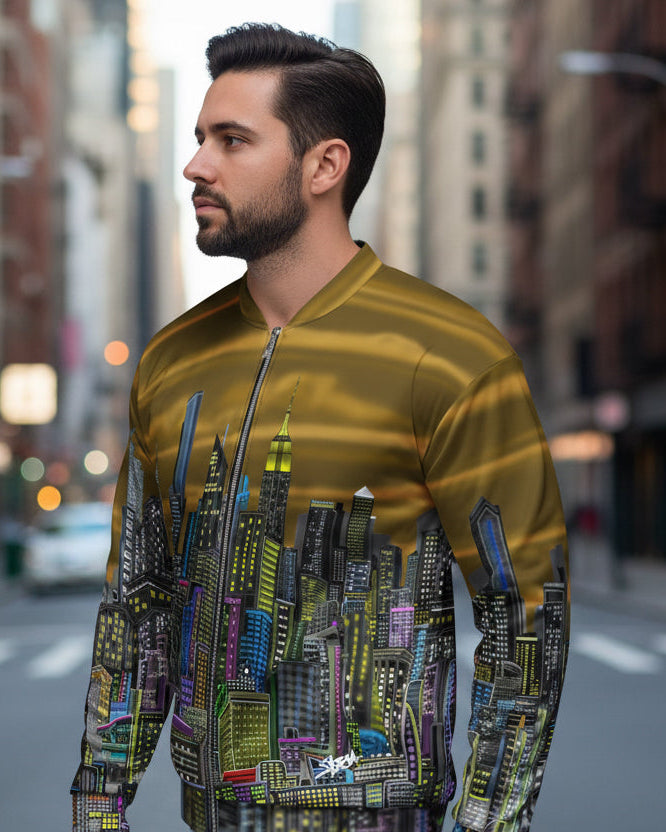 Man wearing a jacket with a Loria NYC Art cityscape design on a white background
