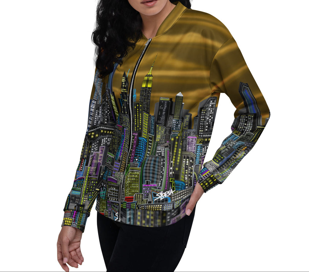 Side Women posing a jacket with a cityscape designed by Loria NYC Art on a white background
