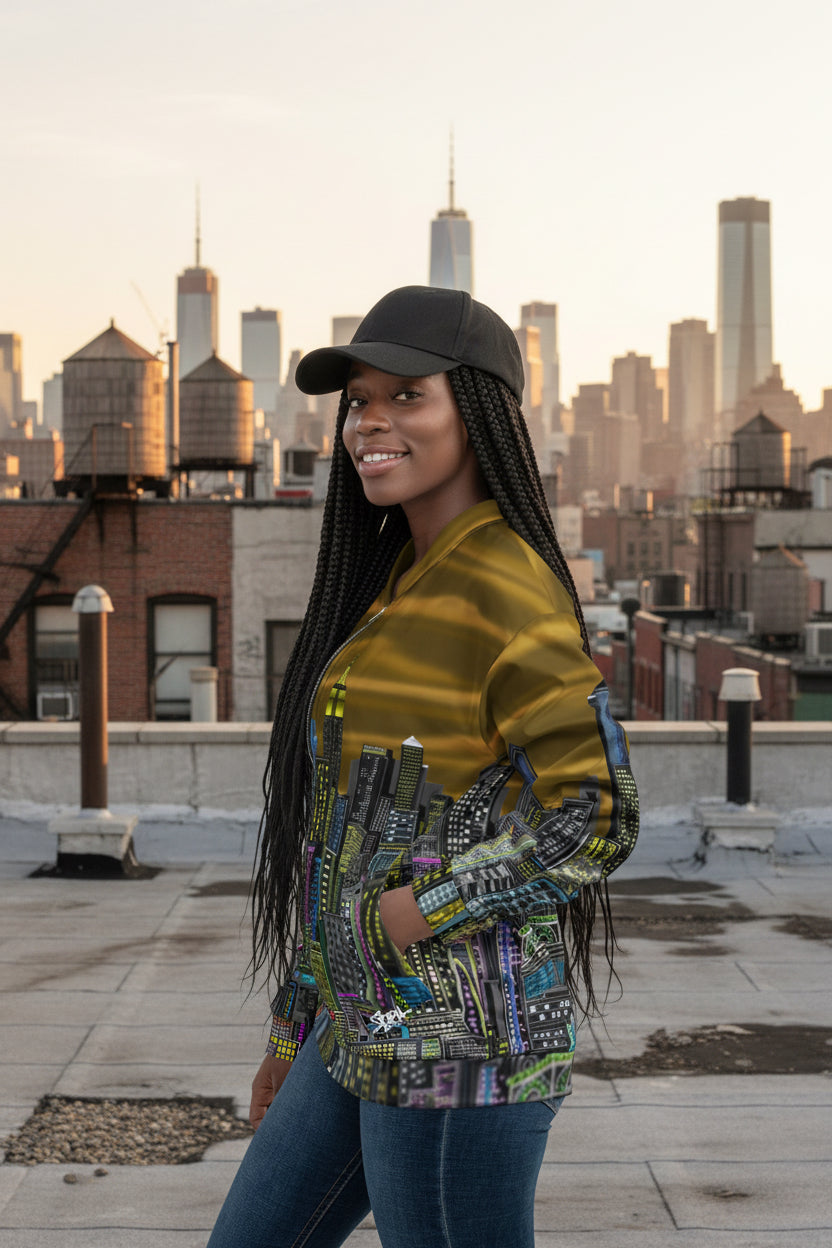 Side of lady wearing a gold shirt with a cityscape design by Loria NYC Art on the back, on a urban background