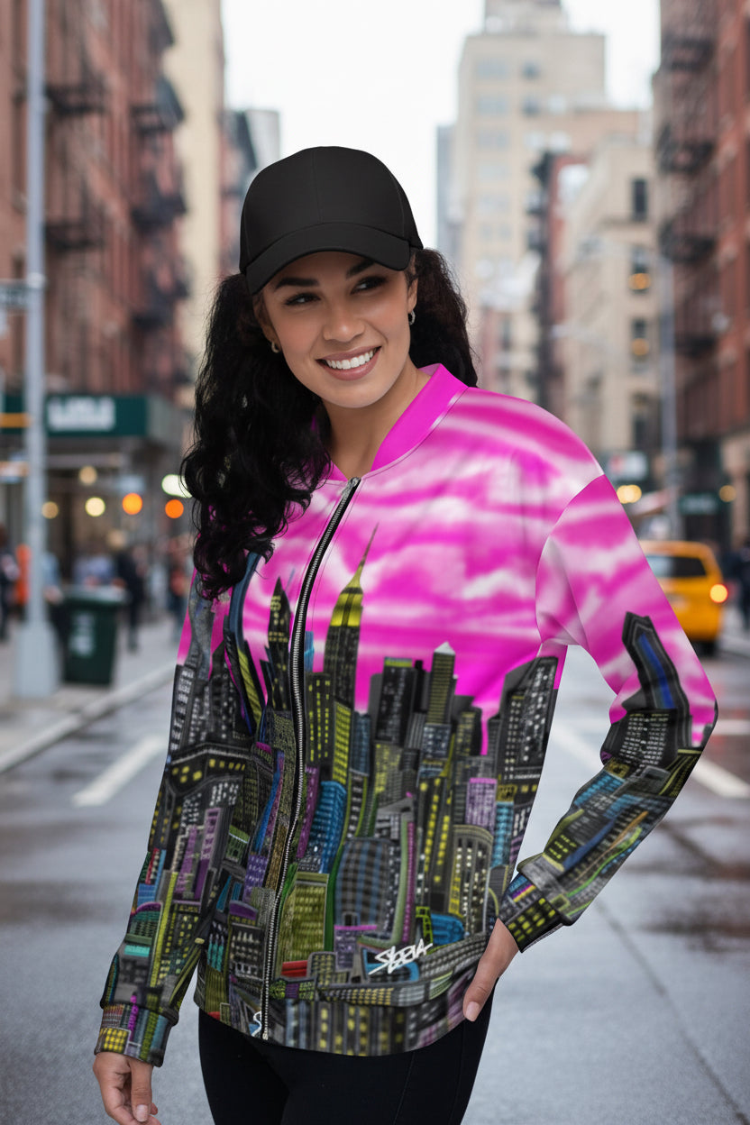 Front angle of Woman wearing a colorful cityscape jacket with pink sky and tall buildings designed by Loria NYC Art