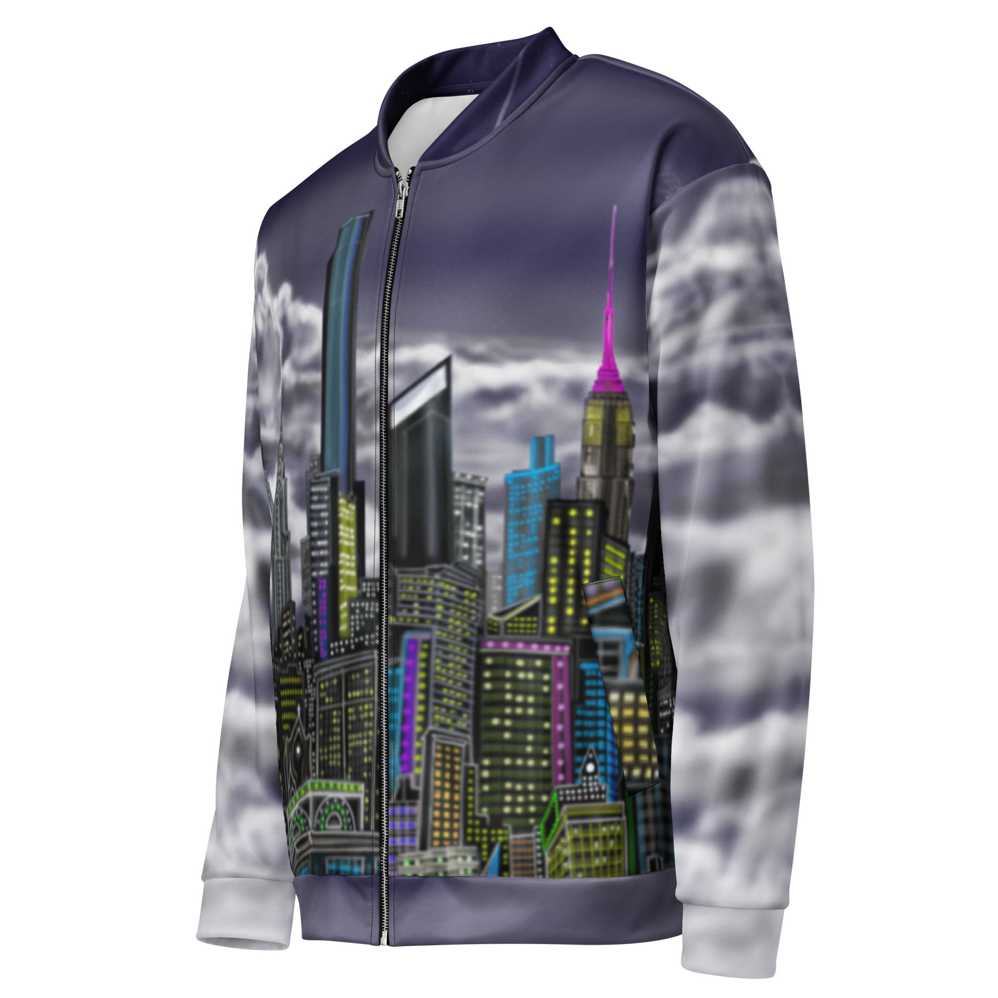 Side view of a Bomber Jacket with a Bowery Notturno city skyline design by S.Loria NYC