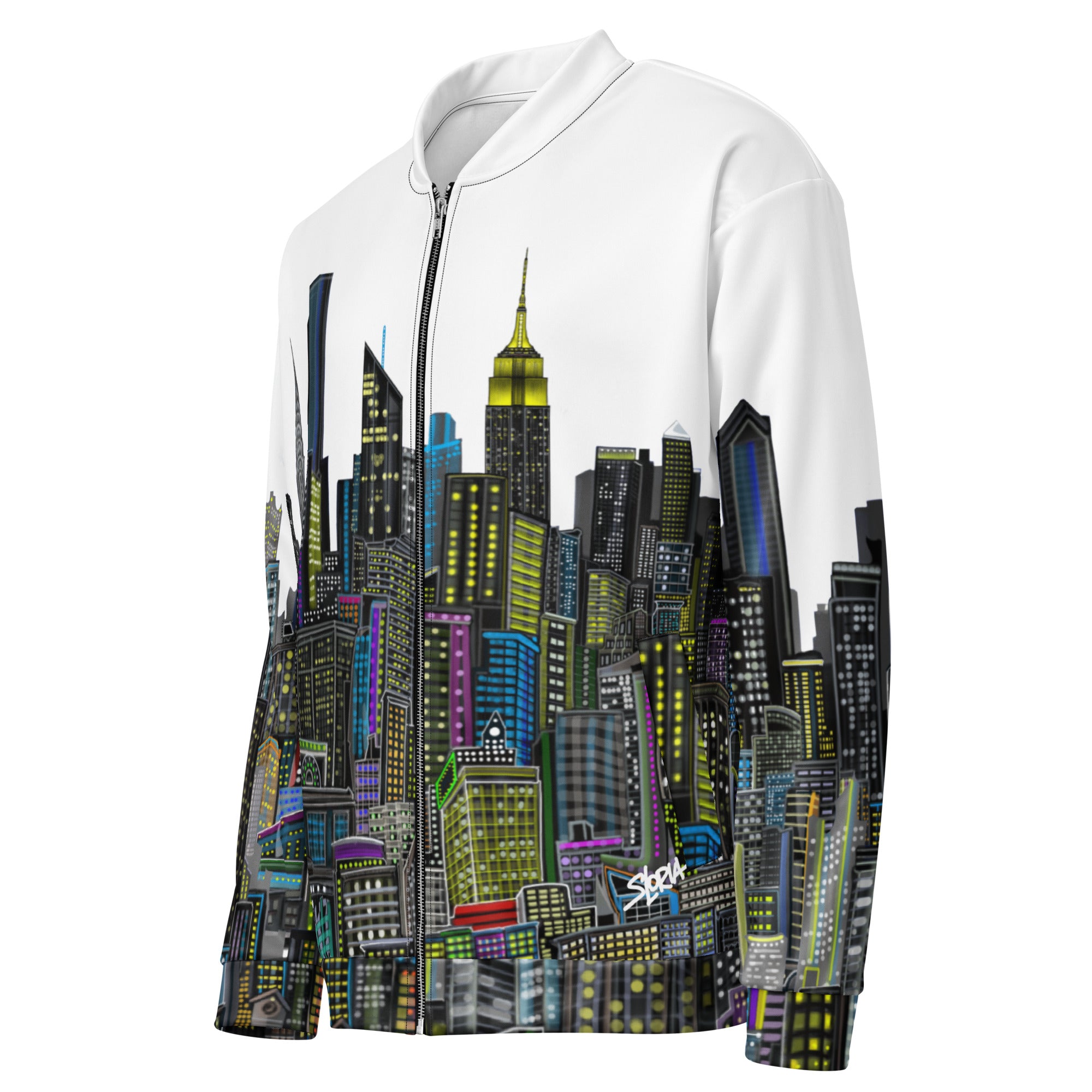 Side of White bomber jacket with a colorful cityscape designed by Loria NYC Art 