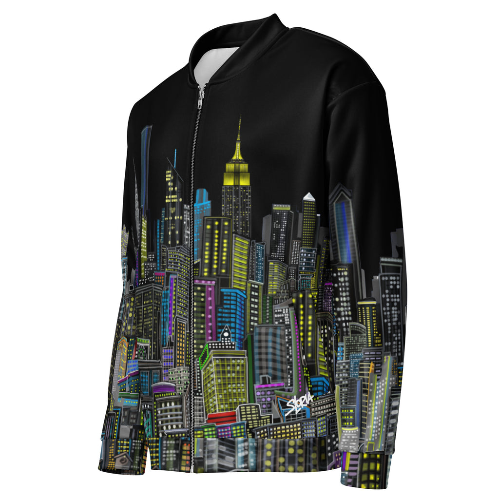 Side of Black bomber jacket with colorful cityscape design designed by Loria NYC Art on a white background