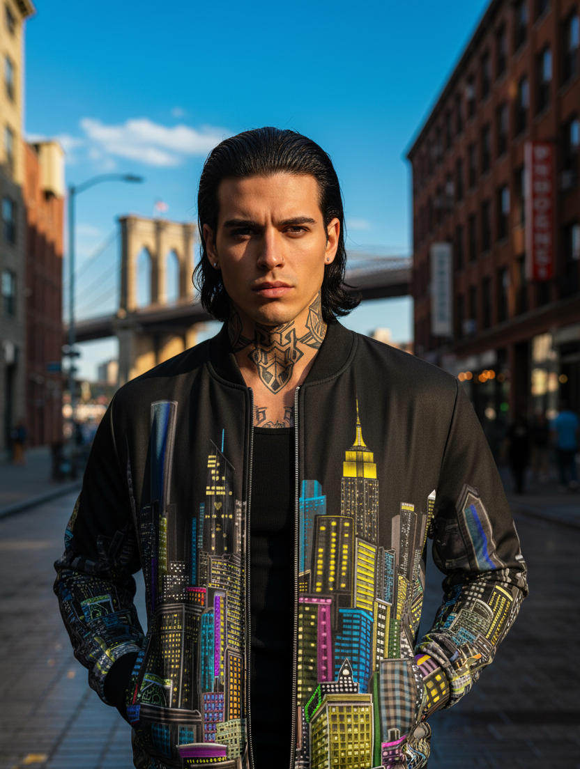 Man wearing a jacket with Loria NYC Art cityscape design in an urban setting with a bridge in the background