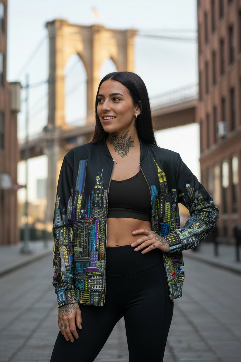 Woman wearing a colorful Loria NYC Art jacket with a cityscape design, standing in a blurred background.