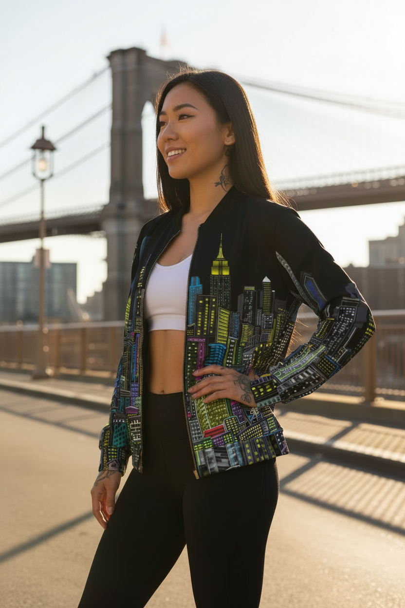 Woman wearing a colorful Loria NYC Art jacket with a cityscape design, standing on a bridge with a blurred background.